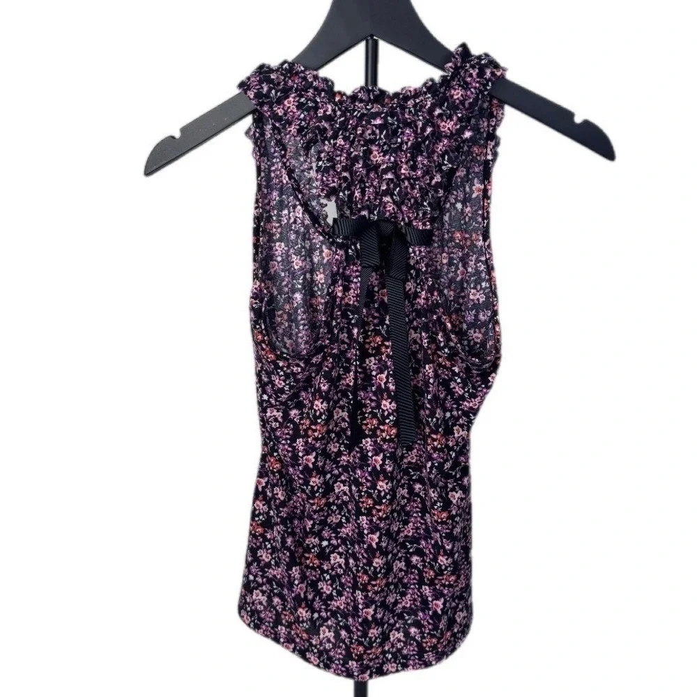 Self Esteem Tank Top Women Large Purple Floral Ruffle Bow Racerback Blouse